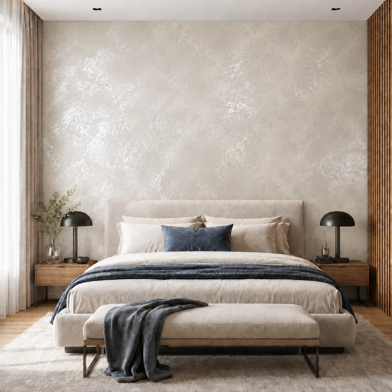 Bedroom with a light beige accent wall finished in Moonlight decorative paint with a silver frost pattern evoking delicate ice crystals. 