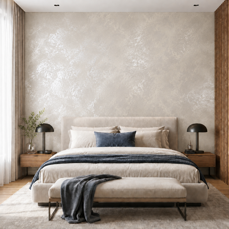 Bedroom with a light beige accent wall finished in Moonlight decorative paint with a silver frost pattern evoking delicate ice crystals. 