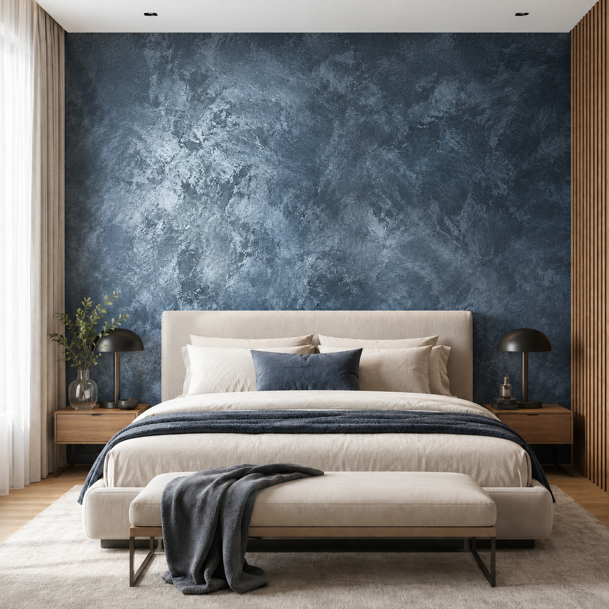 Minimalist living room featuring an accent wall finished in Moonlight decorative paint in pearl white with a subtle silver shimmer