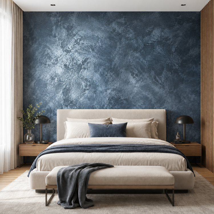 Minimalist living room featuring an accent wall finished in Moonlight decorative paint in pearl white with a subtle silver shimmer