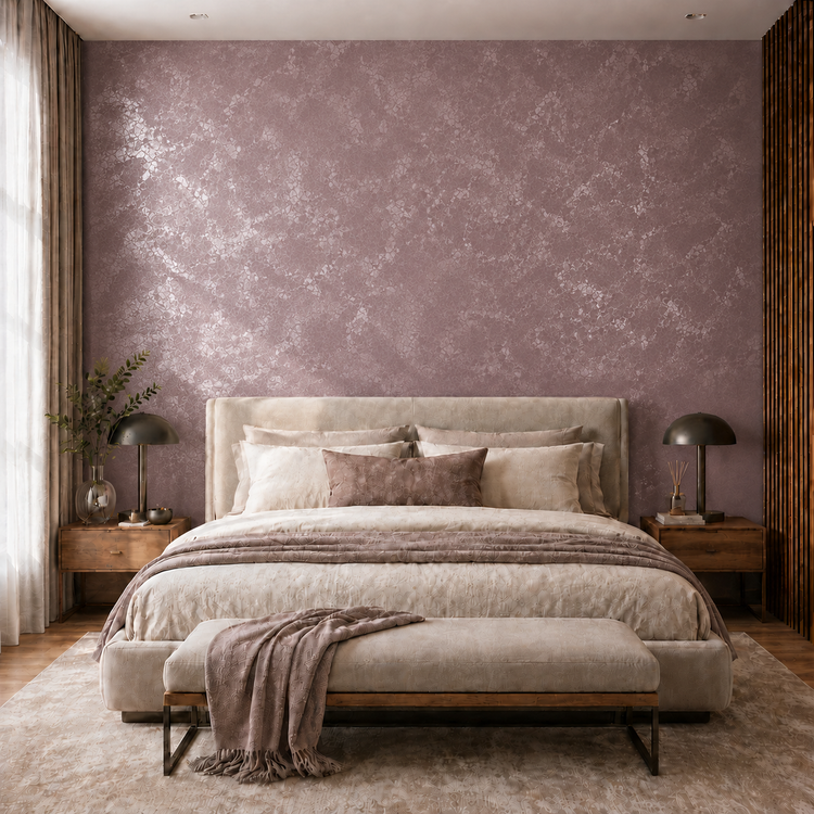Sophisticated bedroom with an accent wall finished in Moonlight in deep mauve with an intense silver metallic pattern.