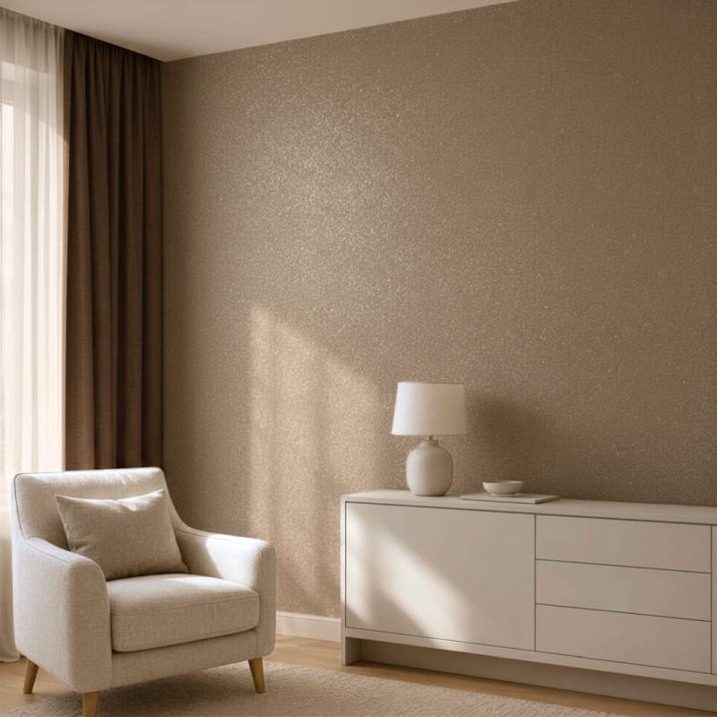 Warm beige glitter decorative paint accent wall in a sunlit modern living room.