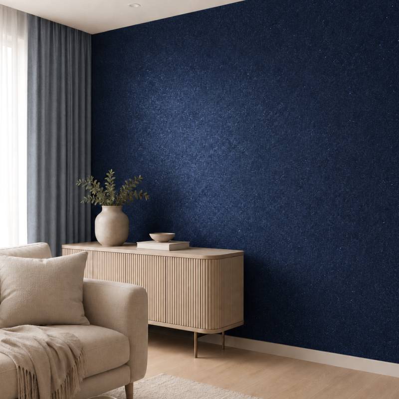 Deep navy blue glitter decorative paint accent wall in a modern living room